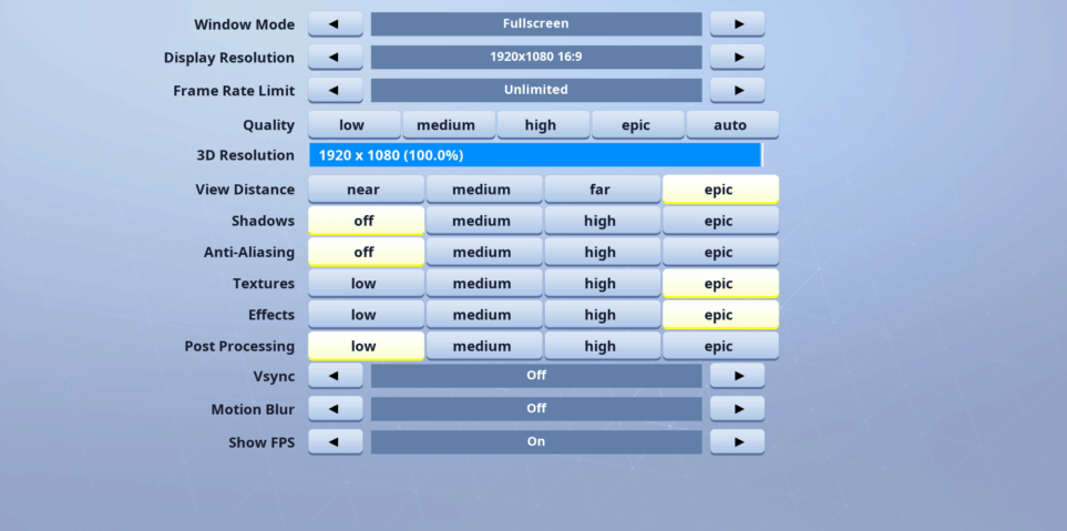 Typical Gamer Fortnite Video settings