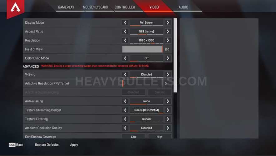 Phantasy Apex Legends Video settings