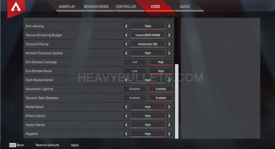 Reaver Apex Legends Video settings